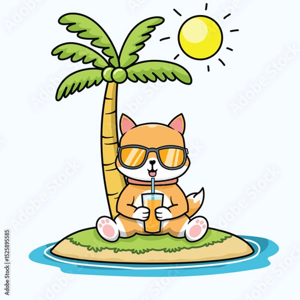 Obraz cute dog drinking orange juice under coconut tree, cartoon flat style, illustration for summer