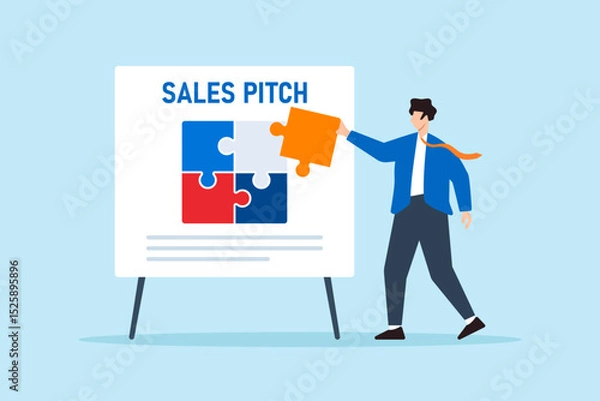 Fototapeta Flat illustration of confident businessman fitting final puzzle piece on whiteboard jigsaw to complete sales pitch strategy