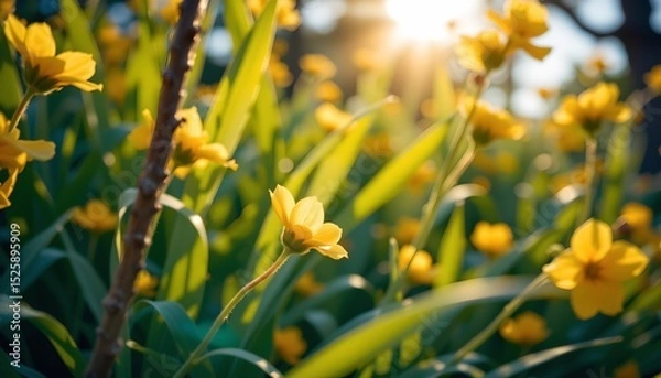 Obraz a vibrant scene of nature. in the foreground, there's a grassy area filled with yellow flowers. beyond this lush field, green foliage stretches out, providing a contrasting backdrop