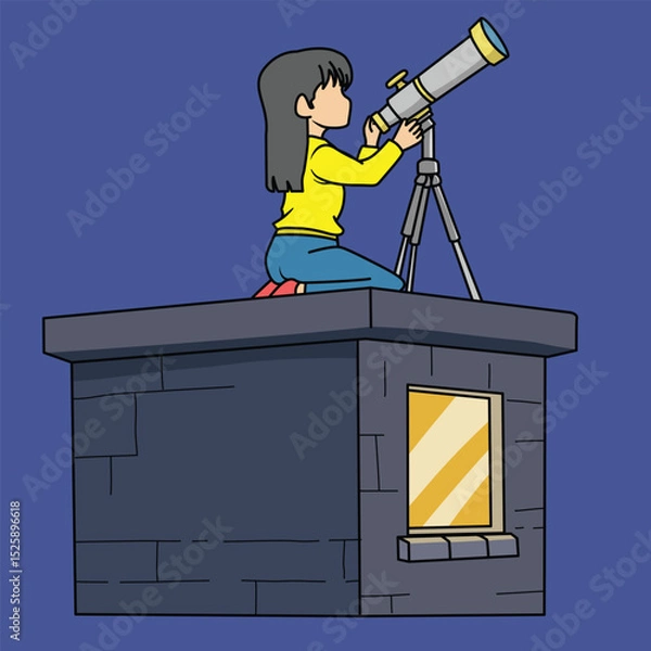 Obraz cartoon of a girl observing the sky with a telescope on the roof of a building, flat style cartoon.