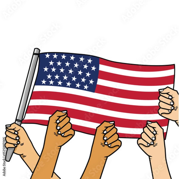 Obraz Happy Independence Day 4th July with cartoon image of hand waving flag