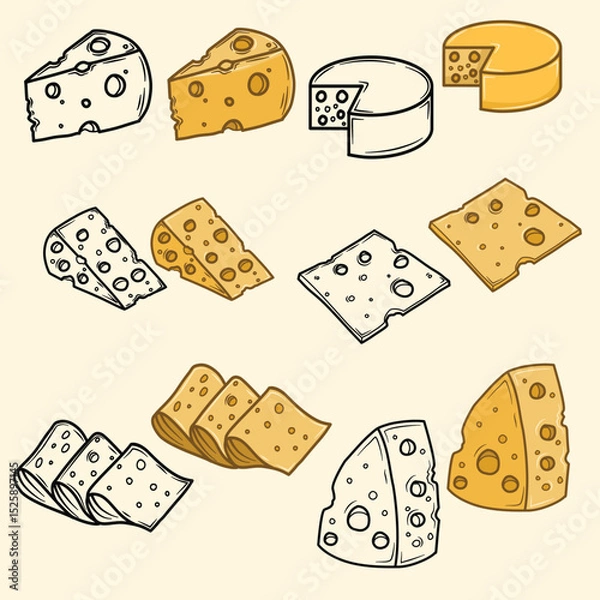 Obraz various shapes of cheese in hand drawn, clip art in flat style, food concept illustration