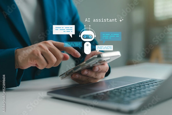 Fototapeta AI assistant interaction, Person using smartphone chatbot powered by artificial intelligence. Virtual assistant apps, smart support systems, machine learning, digital communication concepts.