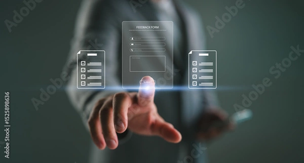 Obraz Digital feedback form interface, Businessman interacting with virtual online form. Perfect for customer feedback, survey UI, contact forms, digital onboarding, user experience in web applications.
