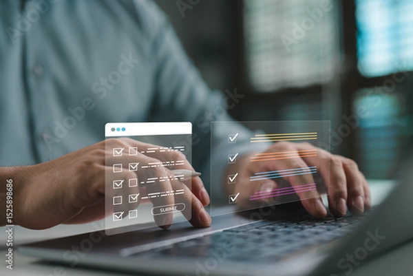 Fototapeta Online survey and evaluation form, Person completing digital checklist and assessment form on laptop. Ideal for quizzes, feedback collection, HR evaluations, online exams, customer satisfaction tools.