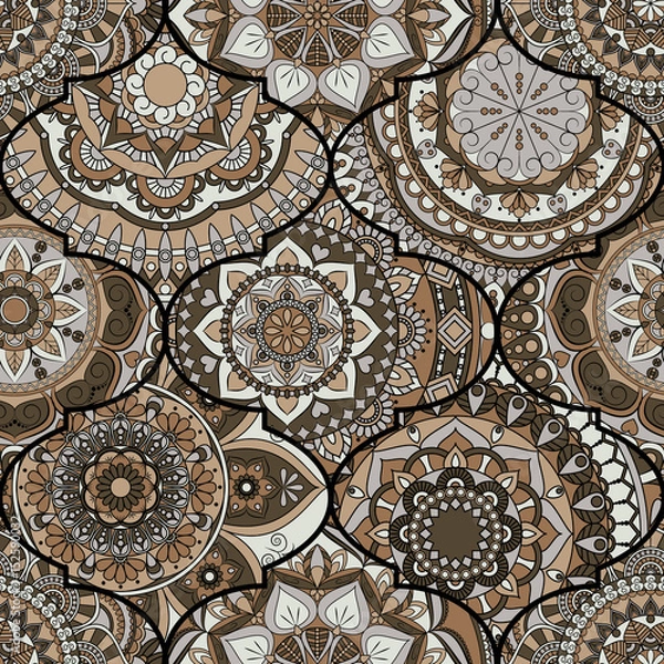 Fototapeta Colorful tiles boho seamless pattern. Mandala background. Abstract flower ornament. Floral wallpaper, furniture, textile print, hippie fabric. Romantic decoration from weave design elements.