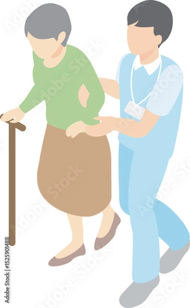 Obraz アイソメトリック　介護　福祉　医療　人物　男性　女性　看護師　介護福祉士　シニア　高齢者　イラスト