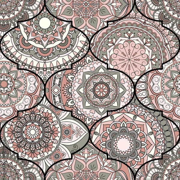 Fototapeta Colorful tiles boho seamless pattern. Mandala background. Abstract flower ornament. Floral wallpaper, furniture, textile print, hippie fabric. Romantic decoration from weave design elements.
