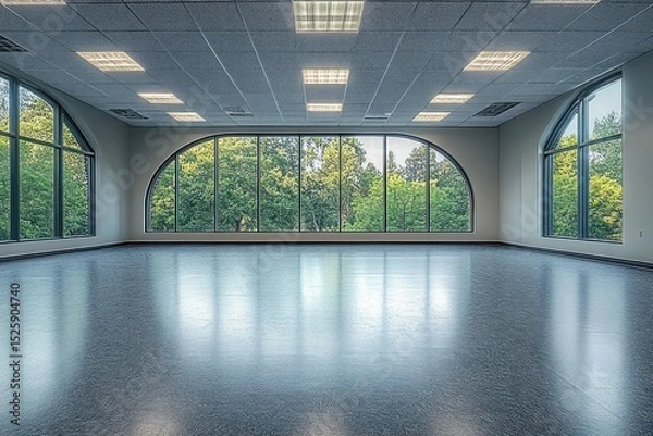 Obraz Empty room with large arched windows overlooking green trees, reflecting on shiny floor under bright ceiling lights in modern building