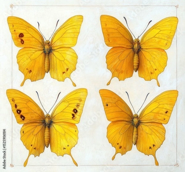 Fototapeta Four yellow butterflies arranged in a symmetrical grid on a light background, showing detailed wing patterns and textures with slight variations and natural imperfections