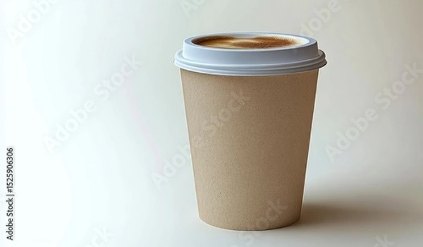 Fototapeta Disposable coffee cup with a white plastic lid filled with cappuccino or latte showing milk foam art on top against a neutral background