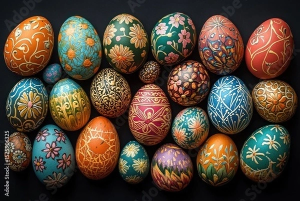 Fototapeta Collection of vibrantly painted decorative eggs featuring intricate floral and geometric patterns in various bright colors on a dark background