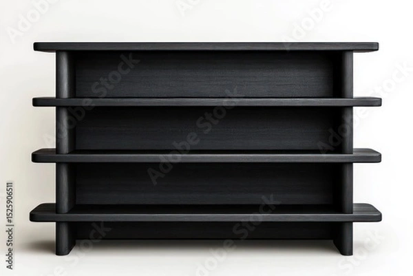 Fototapeta Minimalist black wooden shelving unit with four horizontal shelves against a white background