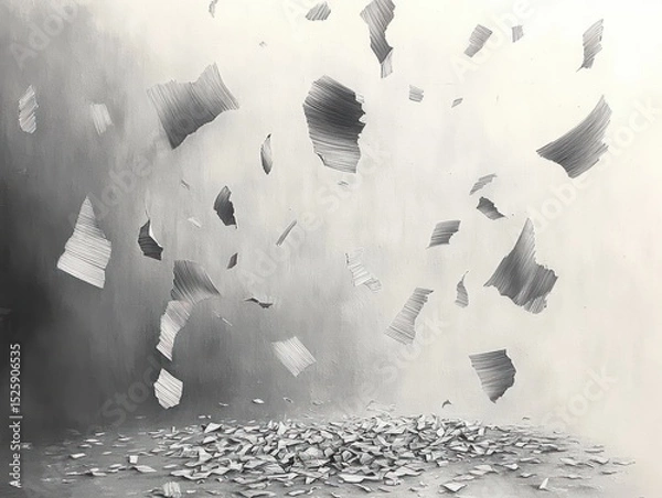 Fototapeta Black and white abstract image of scattered, torn paper pieces floating and lying on a surface against a gradient background, evoking a sense of fragmentation and motion