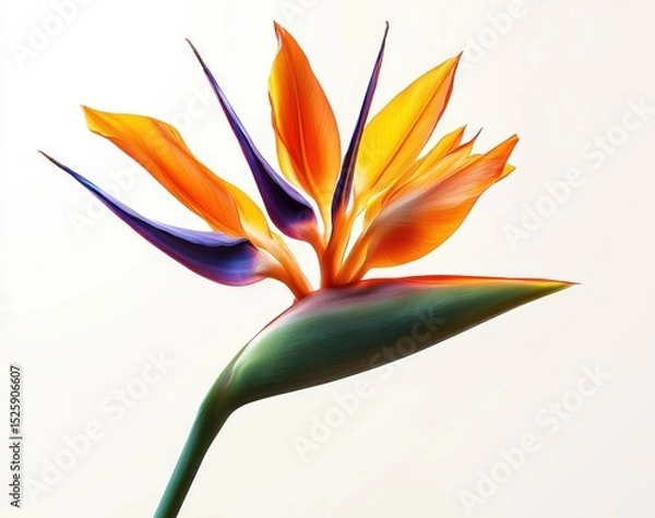 Fototapeta Close-up of a vibrant bird of paradise flower with bright orange petals and purple accents on a green stem against a light background