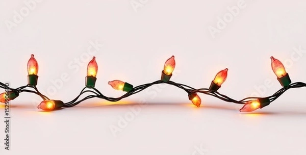 Fototapeta Close-up of glowing orange holiday string lights with green wiring on a white background, creating a warm festive ambiance