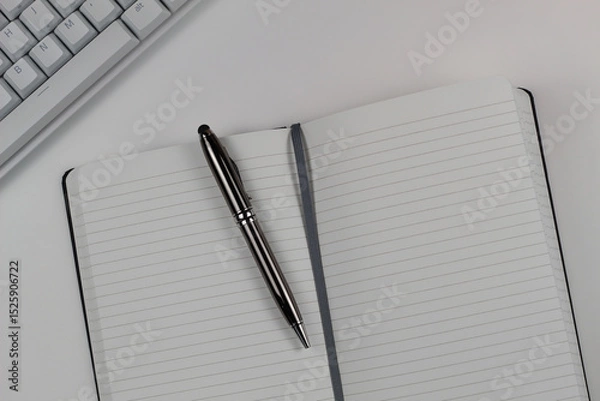Fototapeta Work Desk Flat Lay with White Keyboard and Notepad