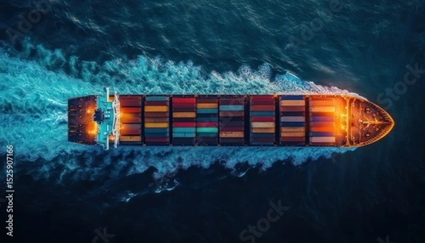 Fototapeta Top view of a large cargo ship sailing through deep blue ocean waters with colorful containers neatly arranged on deck and bright lights glowing at bow and stern