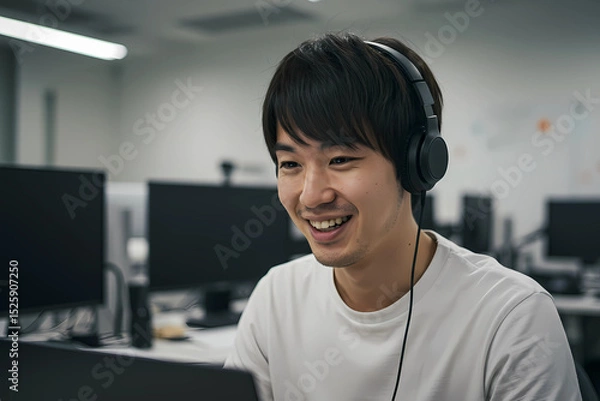 Fototapeta Asian man customer service representative smiling with headset at modern desk, representing client assistance, digital communication, and service excellence in tech support environment
