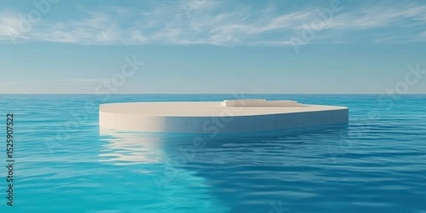 Fototapeta Minimalist white concrete platform floating on calm blue ocean under a partly cloudy sky during daytime