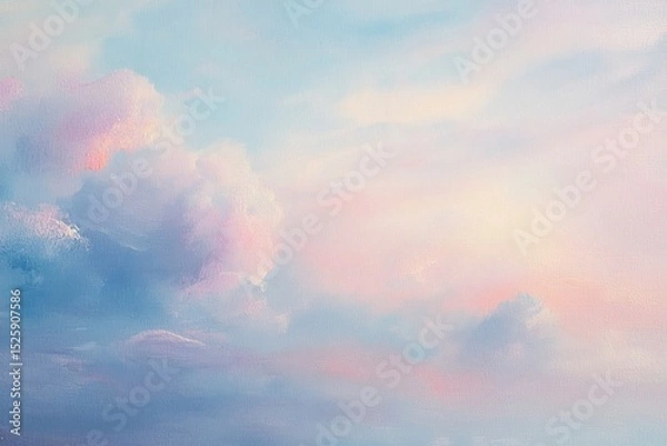 Fototapeta Soft pastel colored sky with fluffy clouds during sunrise or sunset creating a calm and dreamy atmosphere