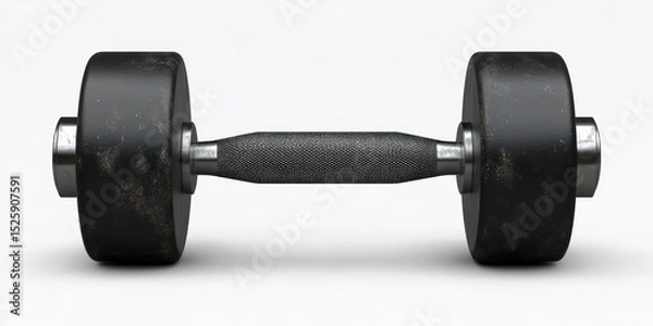 Fototapeta Single black metal dumbbell with textured grip lying flat on a white background