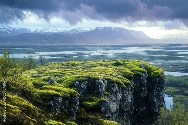Fototapeta Expansive moss-covered rocky cliff overlooking a misty river delta with distant snow-capped mountains under a moody cloudy sky