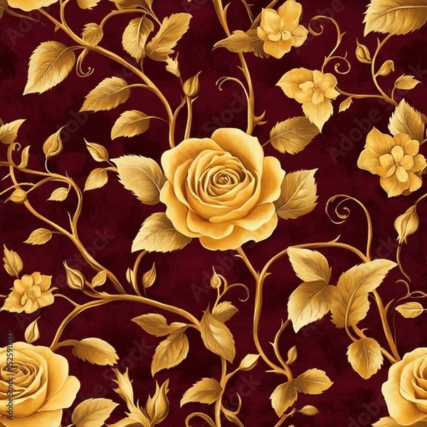 Fototapeta An intricate design of golden roses intertwined with vines, seamlessly repeating over a rich burgundy background, exuding vintage charm