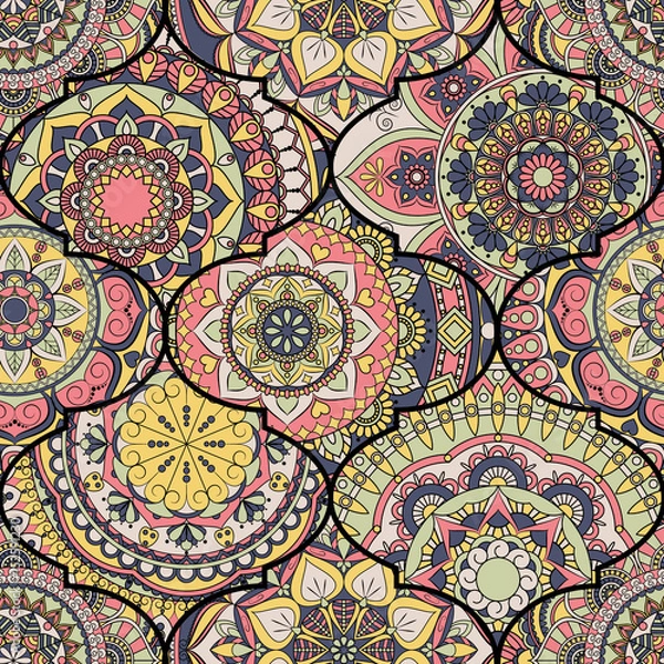 Fototapeta Colorful tiles boho seamless pattern. Mandala background. Abstract flower ornament. Floral wallpaper, furniture, textile print, hippie fabric. Romantic decoration from weave design elements.