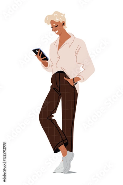 Obraz Modern young man using smartphone and wireless headphones, gadgets and social media, online communication. Flat cartoon character, vector illustration isolated on white background.