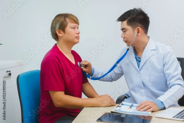 Fototapeta An experienced Asian male doctor consults with a male patient in a red shirt about men's health concerns. He explains a medical form, providing expert advice on urology and related health conditions