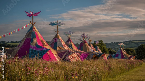 Obraz Tipi Village in Wildflower Meadow with Patchwork Tents and Wind Art at Glastonbury