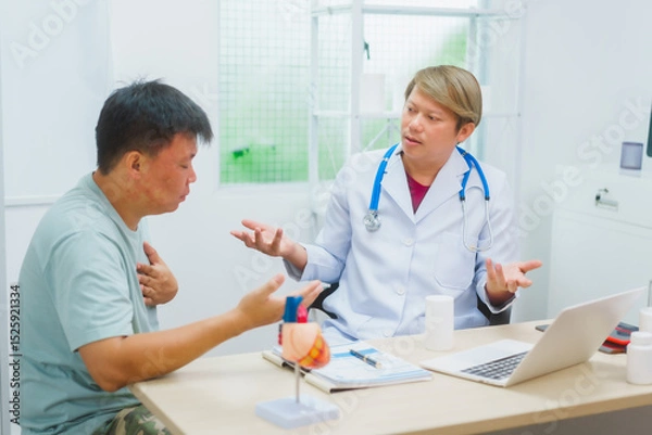 Fototapeta Asian male doctor specializing in cardiology explains heart disease to a patient using a heart model. He provides expert advice, discusses symptoms, risk factors, and treatment in a modern clinic.