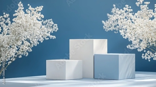 Fototapeta 3D white geometric forms. Box podium in blue color. Minimal scene for product display.