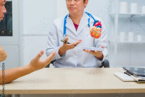Fototapeta Asian male doctor specializing in cardiology explains heart disease to a patient using a heart model. He provides expert advice, discusses symptoms, risk factors, and treatment in a modern clinic.