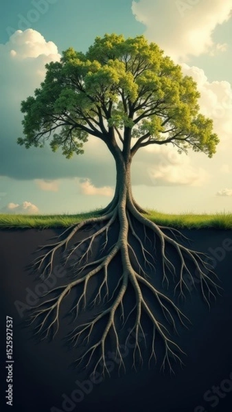 Obraz Tree with its roots visible in the ground. The roots are spread out and the tree is tall