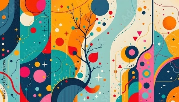Fototapeta an abstract digital art illustration with vibrant colors, featuring an intricate pattern of shapes and dots that resemble stars against a background that appears to be a night sky