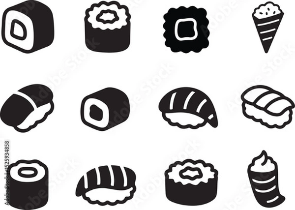 Fototapeta Black and White Collection of Various Sushi Icons