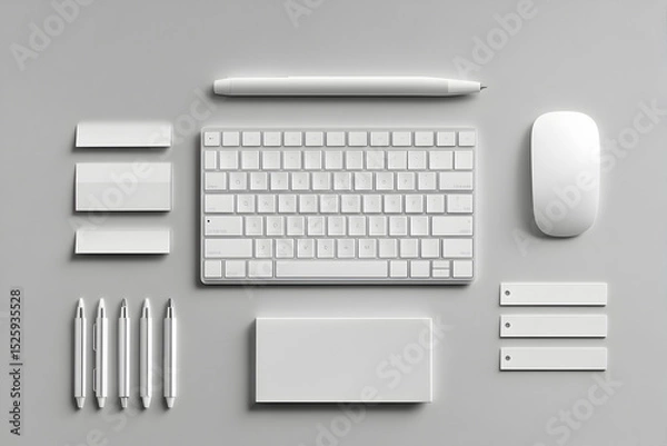 Fototapeta White keyboard, sleek pen, sticky notes, and modern desk items