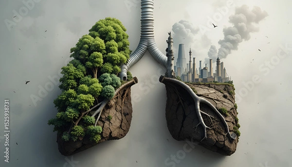 Fototapeta Artistic concept showing lungs as landscapes—one lush and alive, the other barren and polluted—symbolizing environmental impact on human health.
