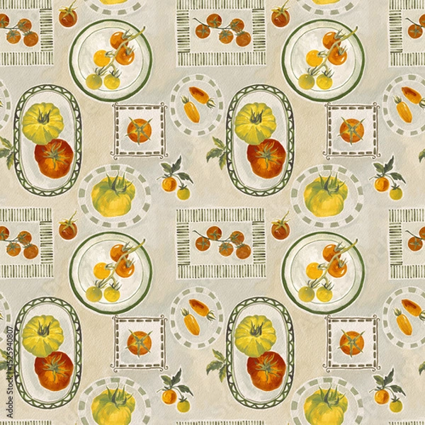Fototapeta Mediterranean summer seamless pattern featuring cute Italian cuisine elements, farm tomatoes, and traditional ceramic plates. Perfect for textile design, wallpaper, packaging, and kitchen-themed