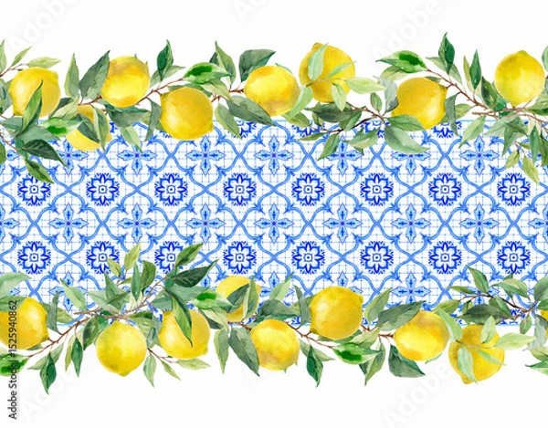 Fototapeta Elegant horizontal seamless pattern with yellow lemons, green foliage, and blue azulejo-style tiles. Perfect for kitchen wallpaper, table runners, fabric design, packaging, and Mediterranean or