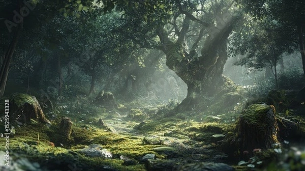 Fototapeta Enchanting Mossy Forest Path  Sunlit Trees  Mystical Woods