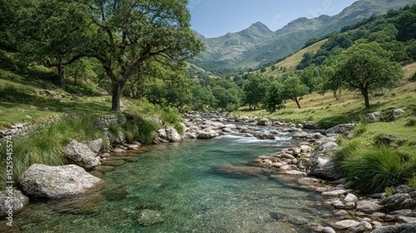Fototapeta A clear mountain stream flows through lush green vegetation.