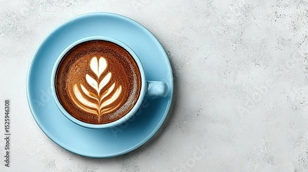 Fototapeta Light blue coffee cup and saucer with latte art on a light gray surface.