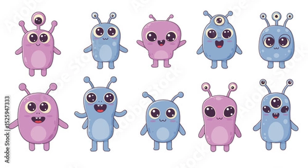 Fototapeta  cute kawaii alien characters, with big eyes, pastel colors, and expressive faces. Each alien has a unique shape—some with antennae, others with multiple arms or eyes. Set against a white background, 