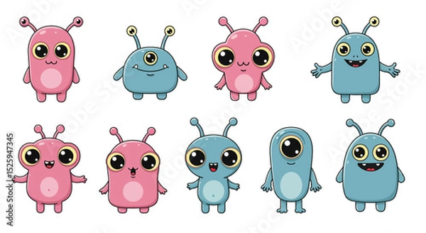 Fototapeta  cute kawaii alien characters, with big eyes, pastel colors, and expressive faces. Each alien has a unique shape—some with antennae, others with multiple arms or eyes. Set against a white background, 