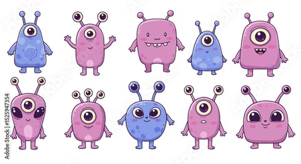 Fototapeta  cute kawaii alien characters, with big eyes, pastel colors, and expressive faces. Each alien has a unique shape—some with antennae, others with multiple arms or eyes. Set against a white background, 