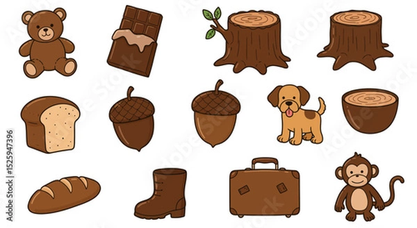 Fototapeta set of brown color objects for kids learning colors. Includes illustrations of common brown items such as a teddy bear, chocolate bar, tree trunk, dog, acorn, loaf of bread, suitcase, boots