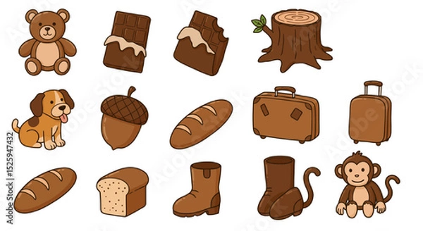 Fototapeta set of brown color objects for kids learning colors. Includes illustrations of common brown items such as a teddy bear, chocolate bar, tree trunk, dog, acorn, loaf of bread, suitcase, boots